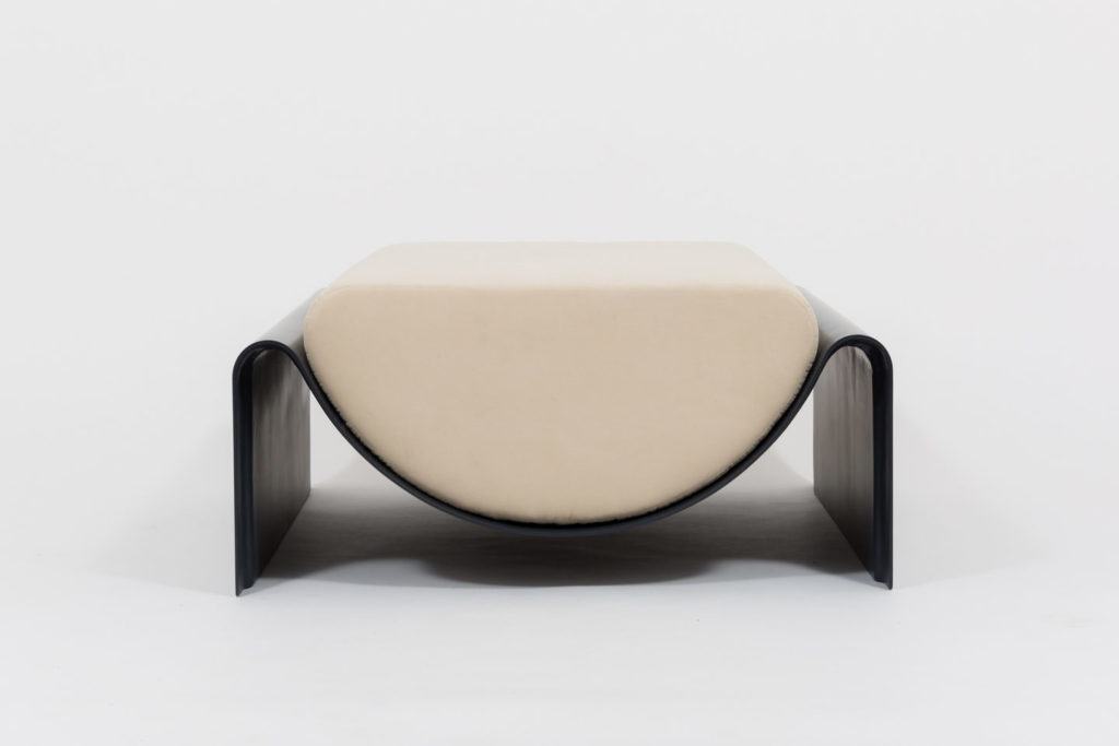Ottoman in fiberglass with a semi-cylindrical cushion for Indoor-Outdoor use designed by Asa Pingree