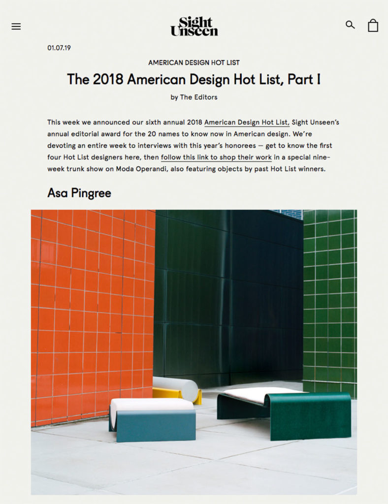 Asa Pingree Press Sight Unseen 01.19 American Design Hot List